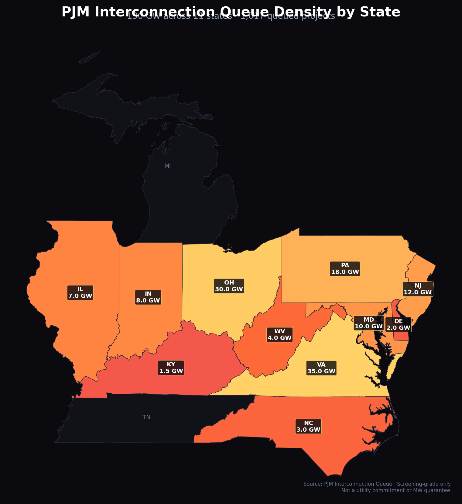 PJM interconnection queue density by state, 2026 — 130+ GW across 11 states including Virginia, Ohio, and Pennsylvania